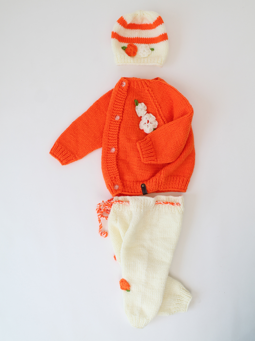 Woonie Handknitted Floral Sweater Set with Cap - Orange