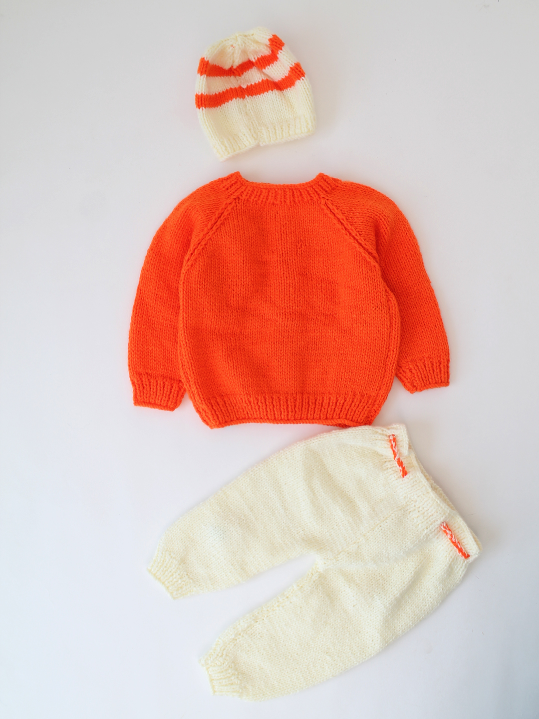 Woonie Handknitted Floral Sweater Set with Cap - Orange