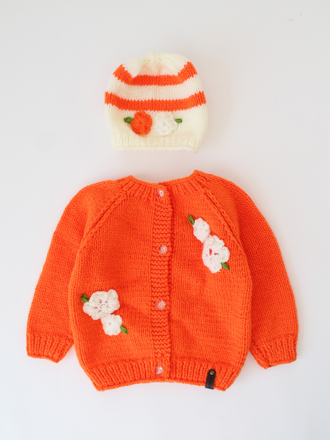 Woonie Handknitted Floral Sweater Set with Cap - Orange