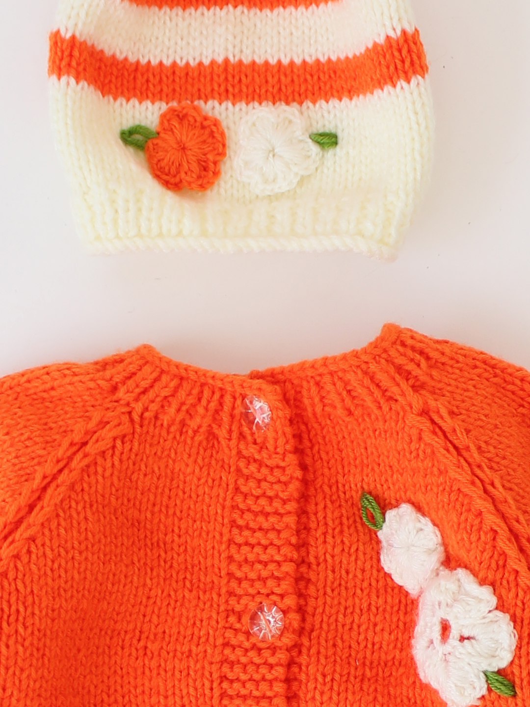 Woonie Handknitted Floral Sweater Set with Cap - Orange