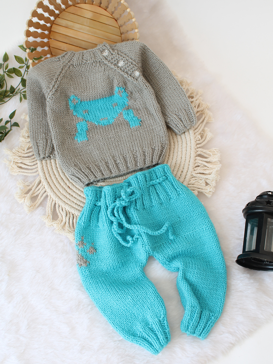 Woonie Handknitted Fox Design Sweater Set - Grey
