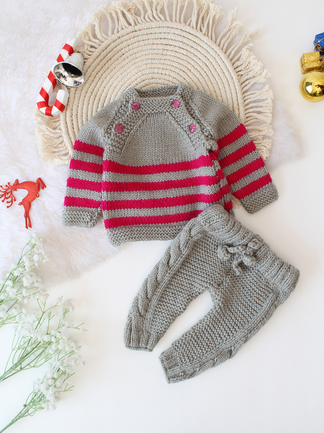 Woonie Handknitted Striped Sweater Set - Grey