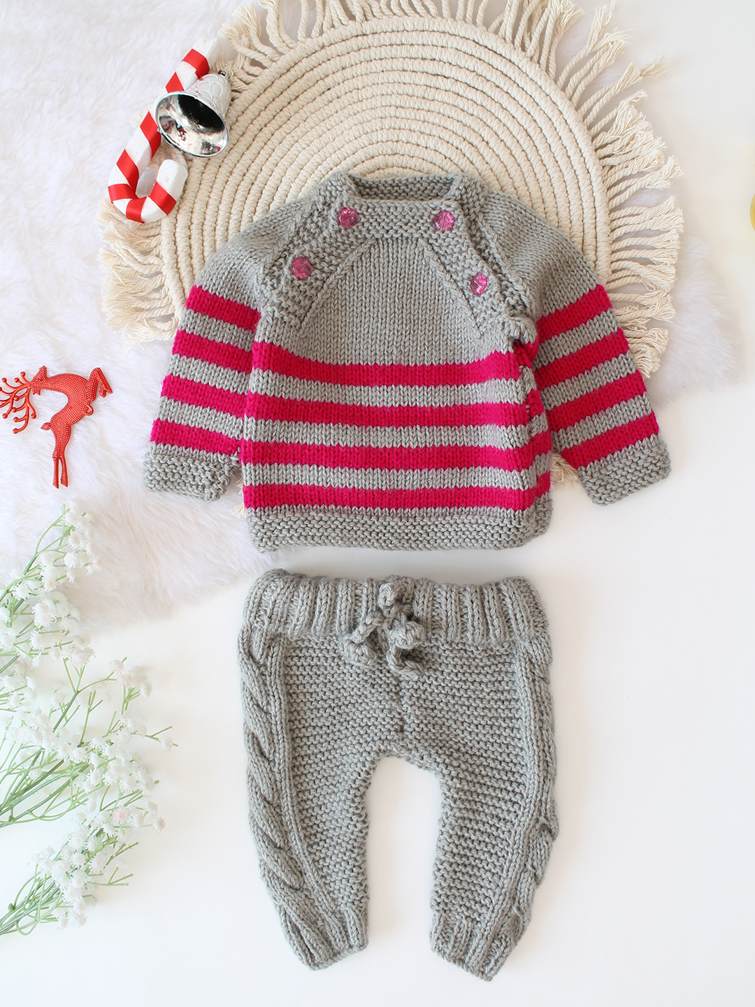 Woonie Handknitted Striped Sweater Set - Grey
