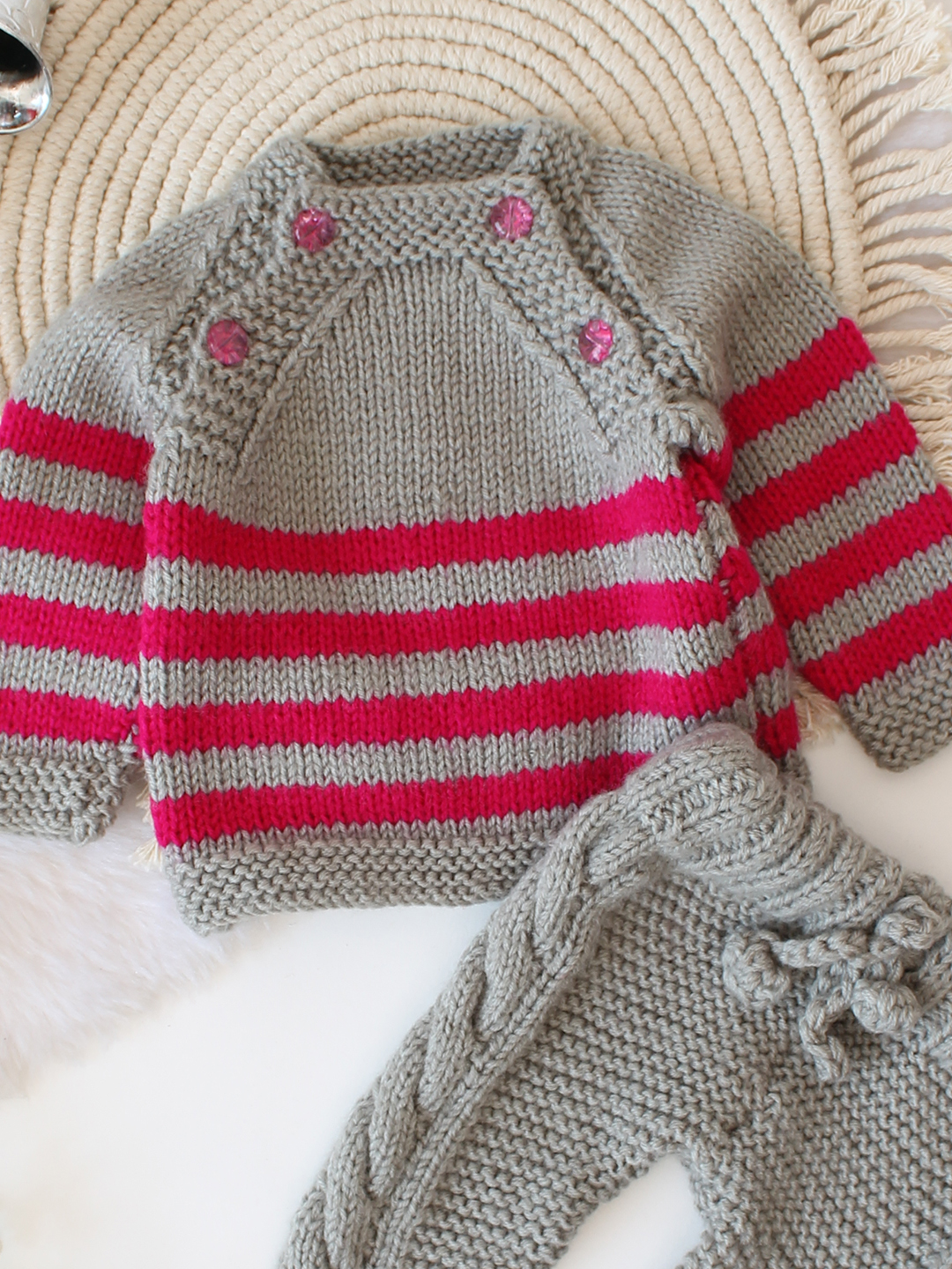 Woonie Handknitted Striped Sweater Set - Grey