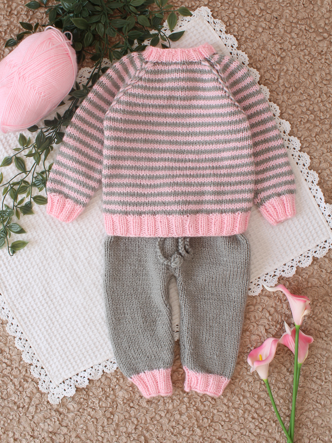 Woonie Handknitted Striped Sweater Set - Pink