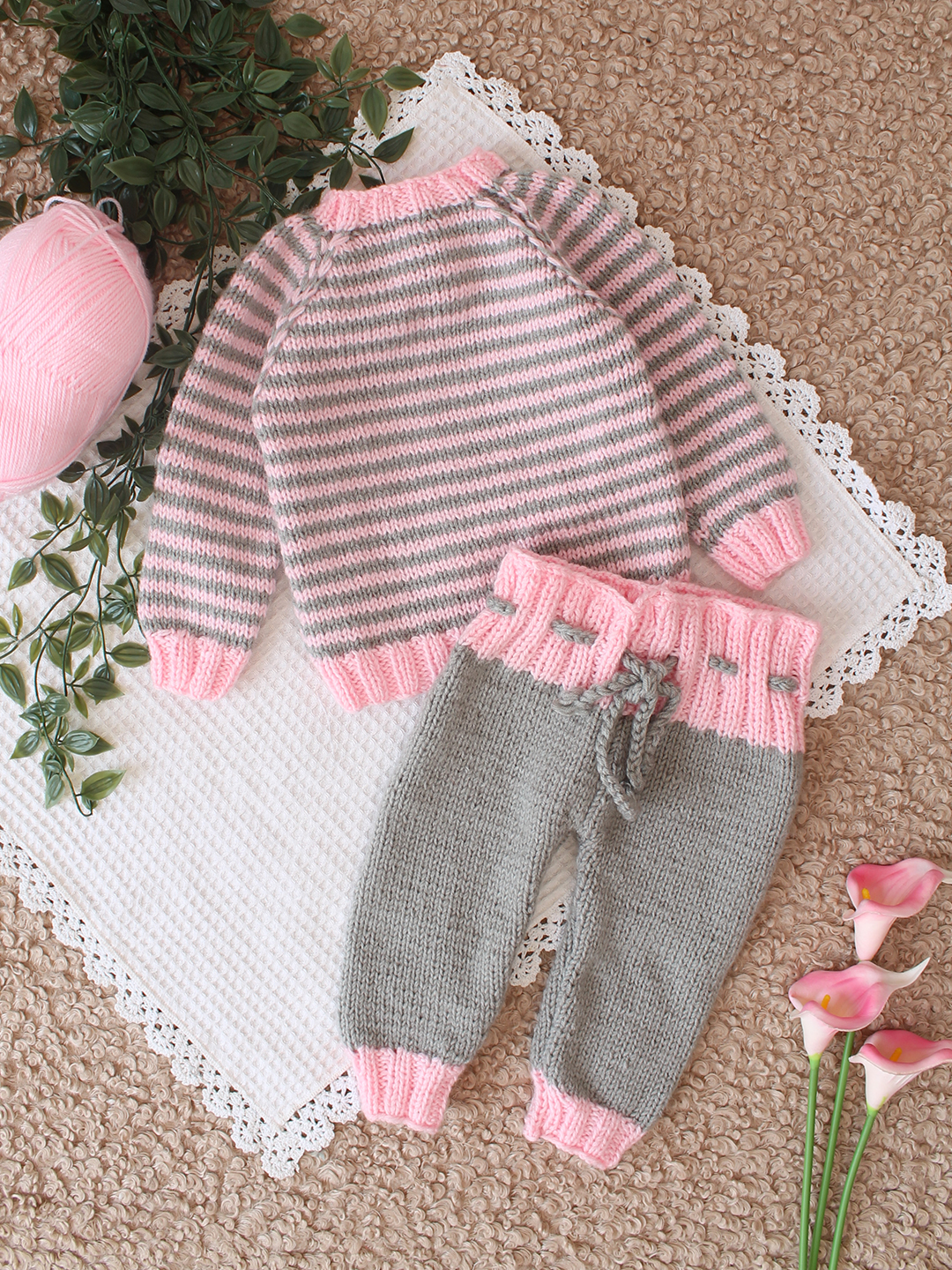 Woonie Handknitted Striped Sweater Set - Pink