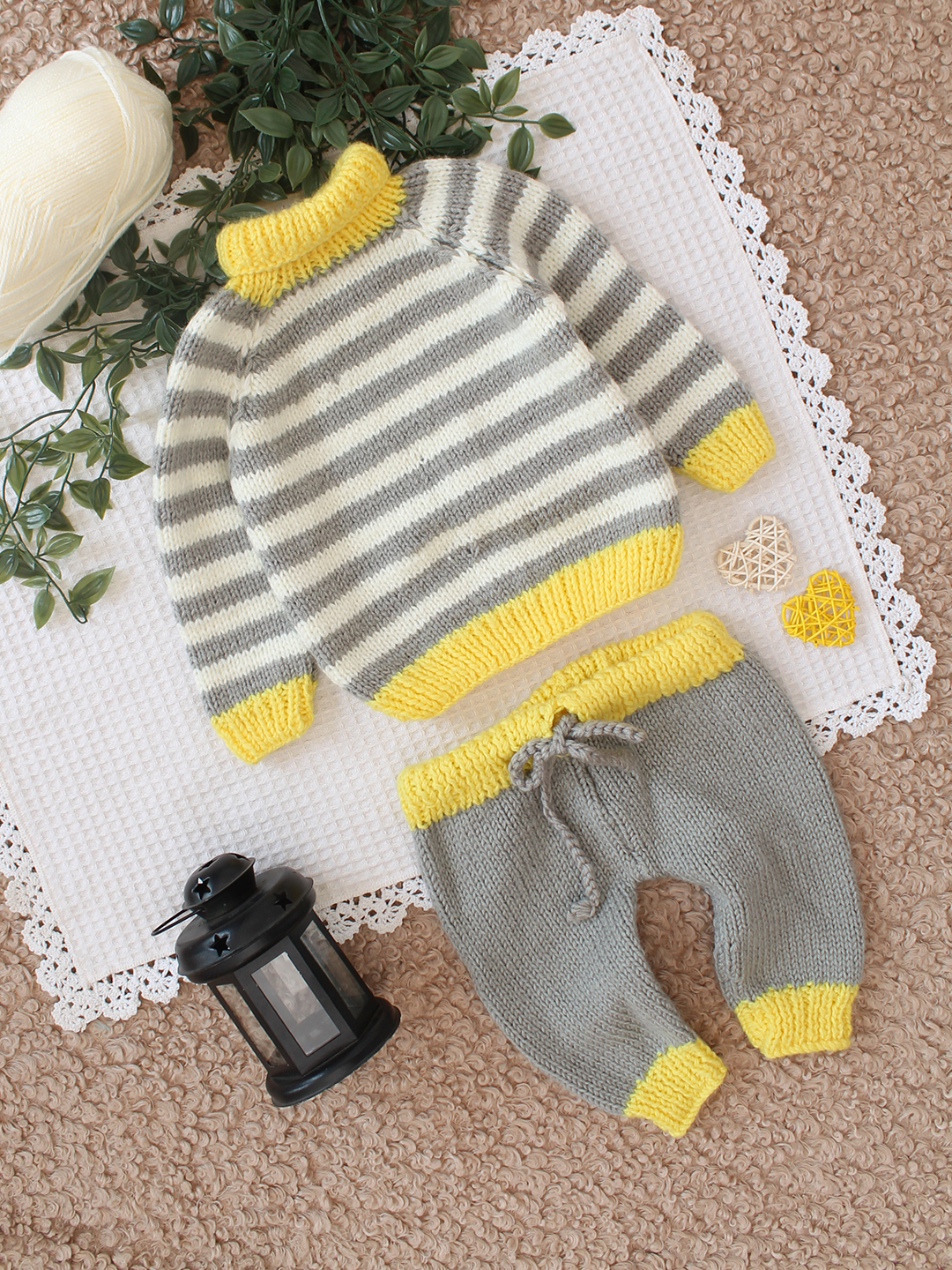 Woonie Handknitted Striped High Neck Sweater Set - Grey