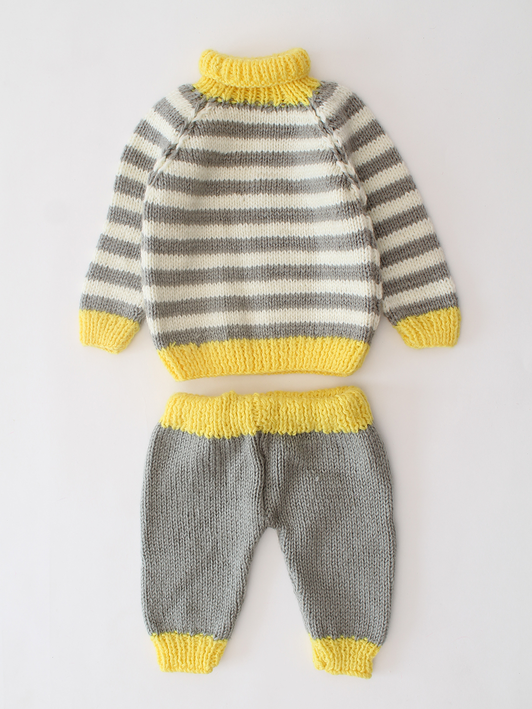 Woonie Handknitted Striped High Neck Sweater Set - Grey