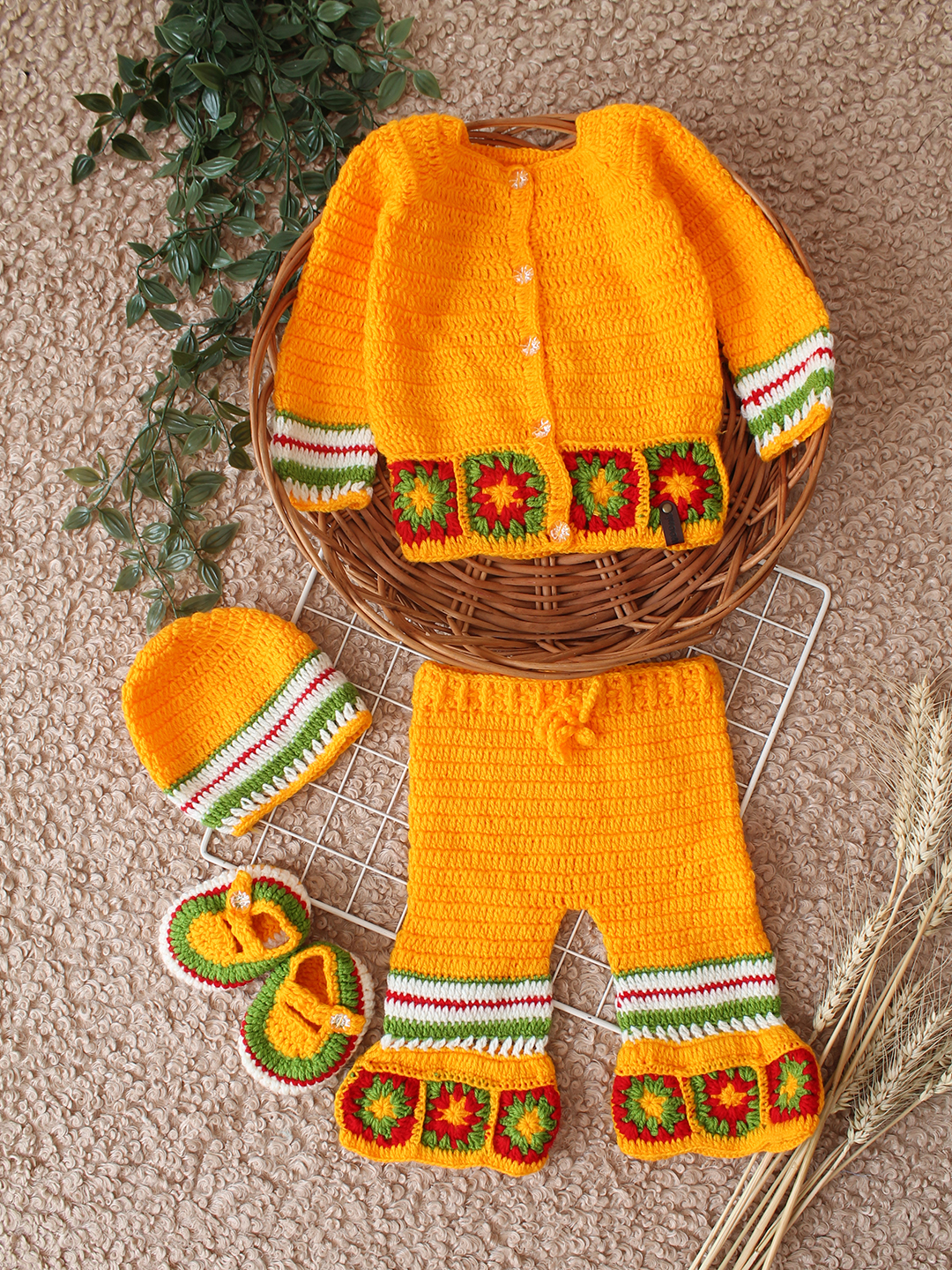 Woonie Handknitted Granny Square Detailed Sharara Set - Orange
