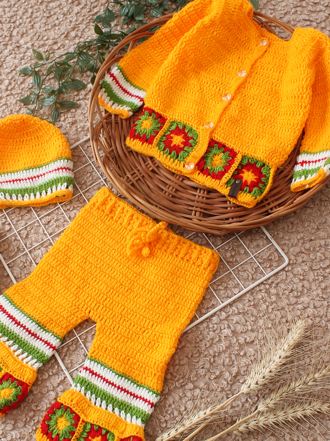 Woonie Handknitted Granny Square Detailed Sharara Set - Orange