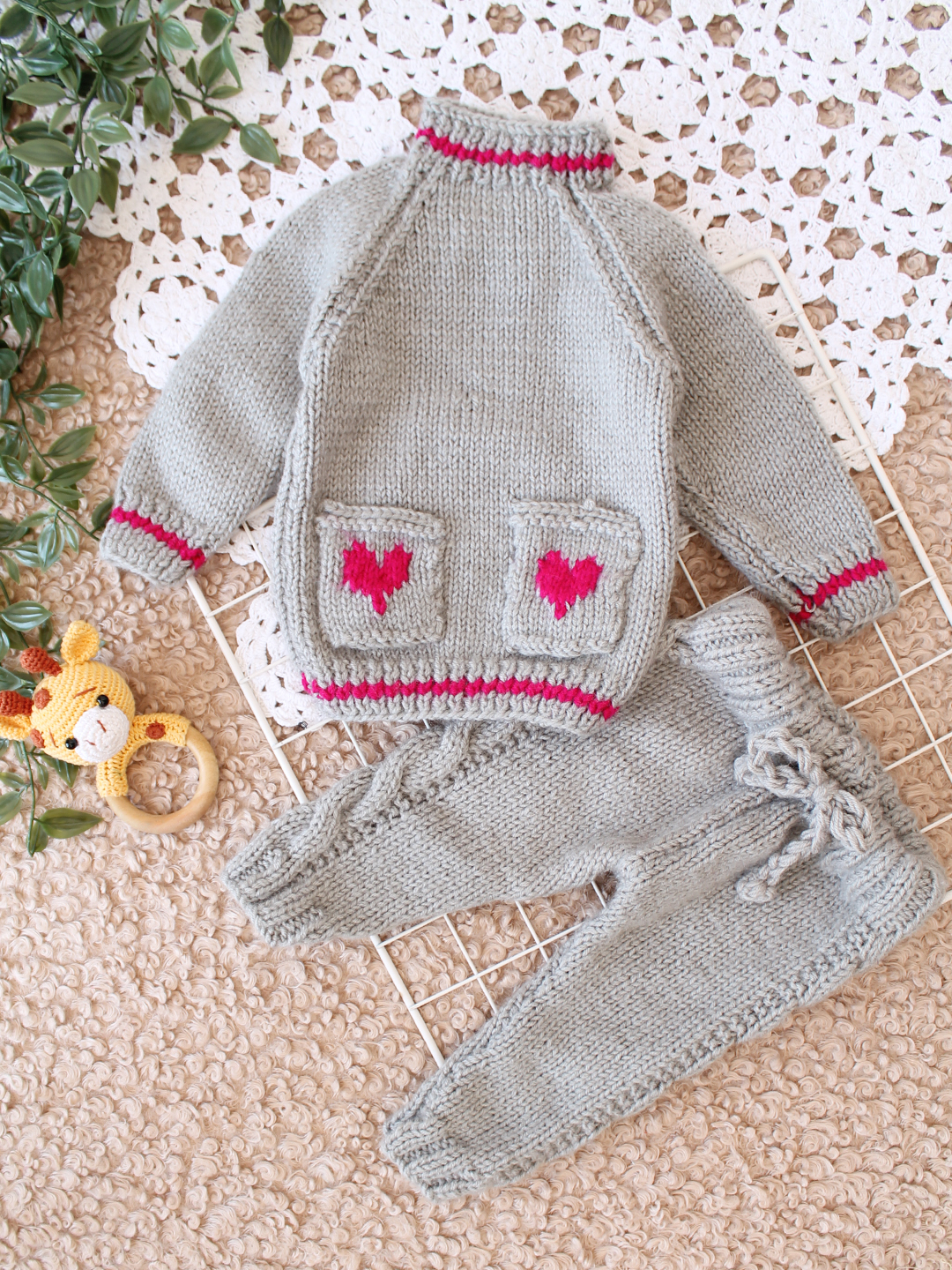 Woonie Handknitted Heart Pocket Detailed Sweater Set - Grey