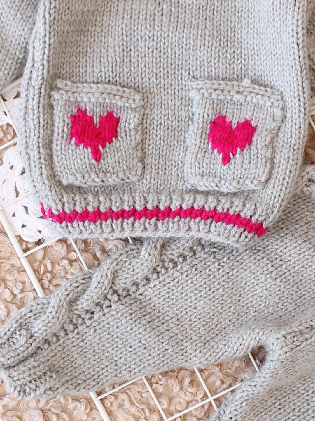 Woonie Handknitted Heart Pocket Detailed Sweater Set - Grey