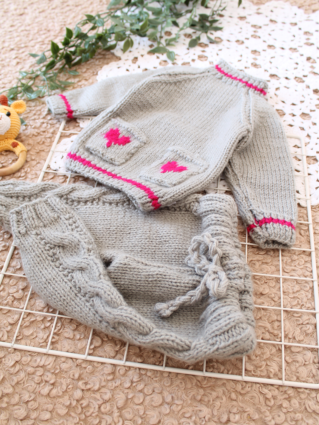 Woonie Handknitted Heart Pocket Detailed Sweater Set - Grey