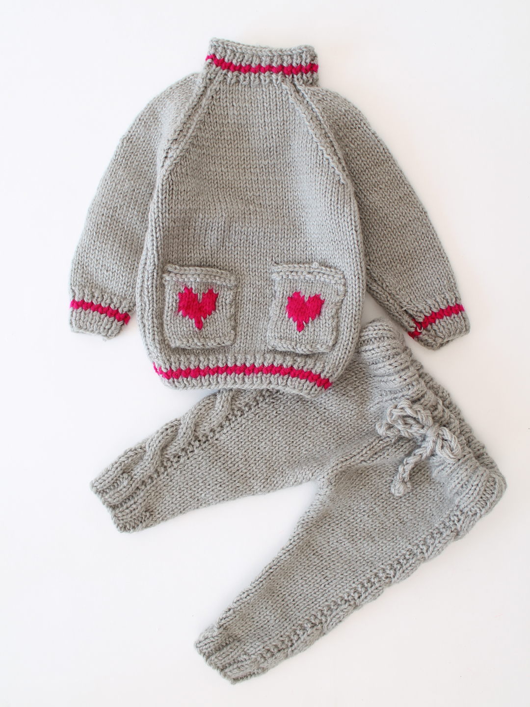 Woonie Handknitted Heart Pocket Detailed Sweater Set - Grey