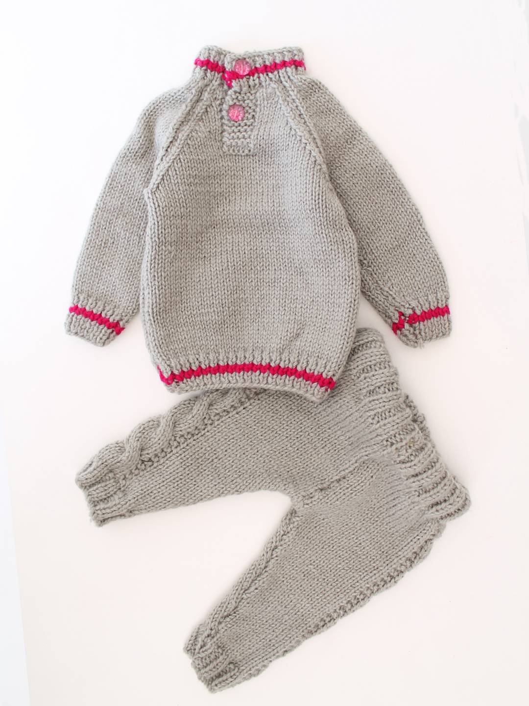 Woonie Handknitted Heart Pocket Detailed Sweater Set - Grey