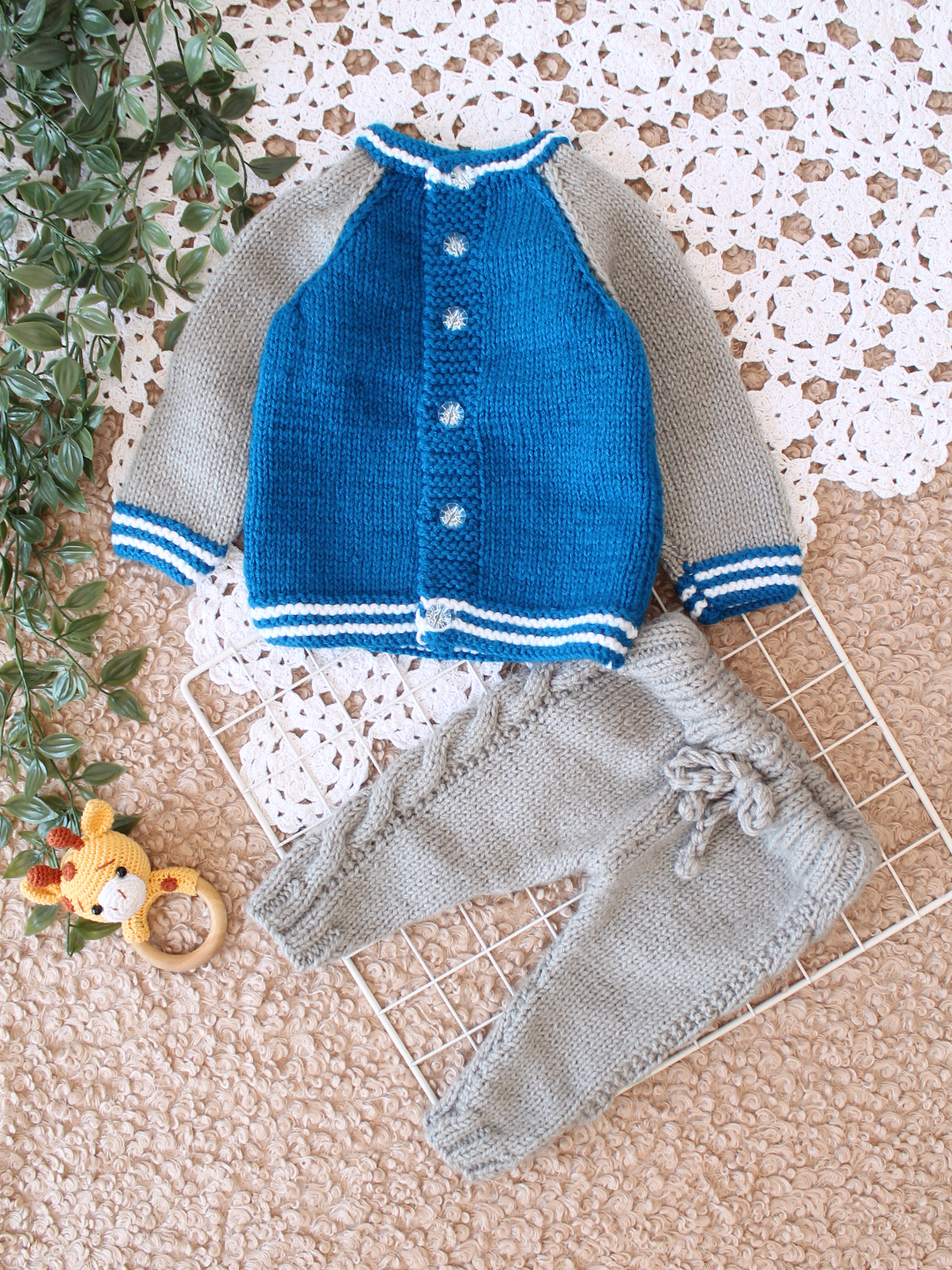 Woonie Handknitted Raglan Sleeve Sweater Set - Blue
