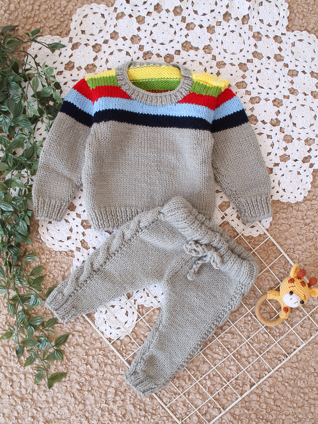 Woonie Handknitted Cable Detailed Sweater Set - Grey