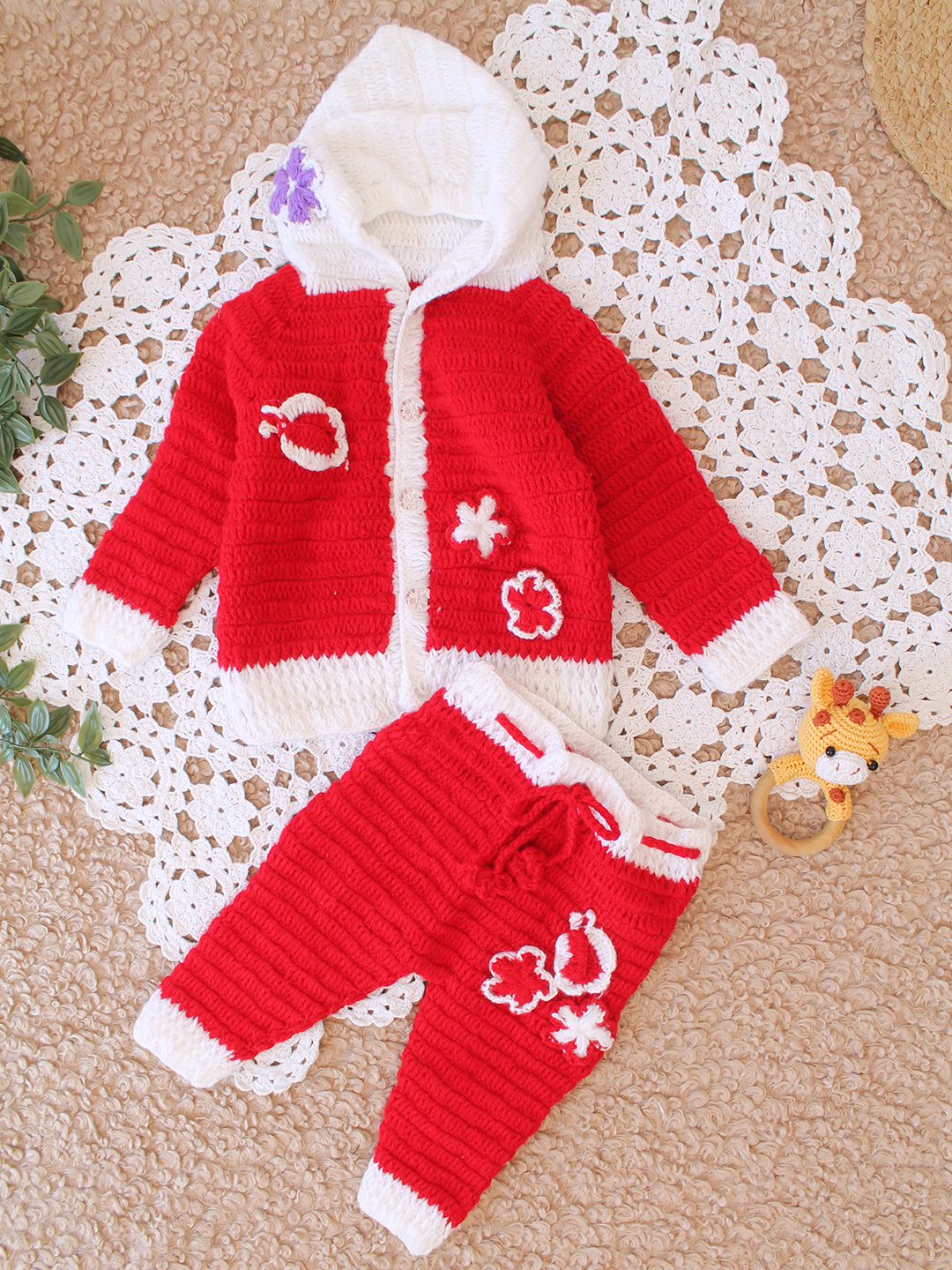 Woonie Handknitted Hooded Floral Sweater Set - Red