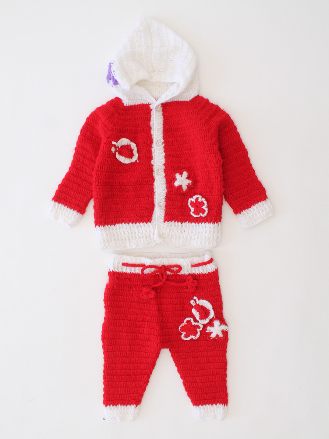 Woonie Handknitted Hooded Floral Sweater Set - Red