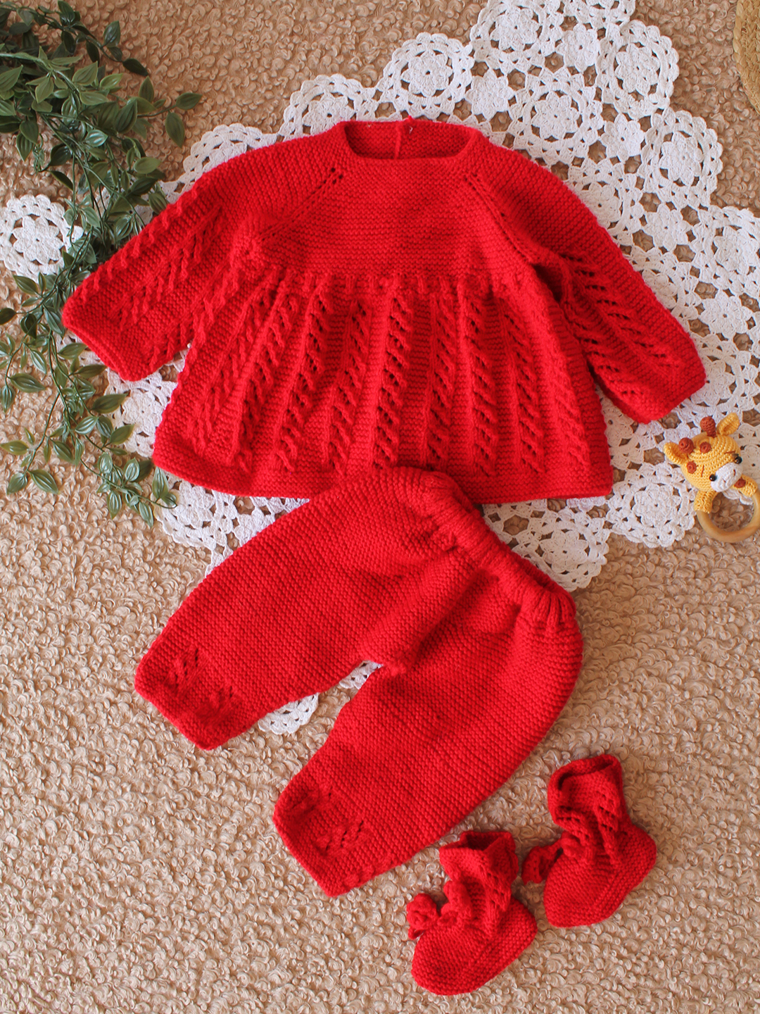 Woonie Handknitted Self Design Sweater Set with matching Socks - Red