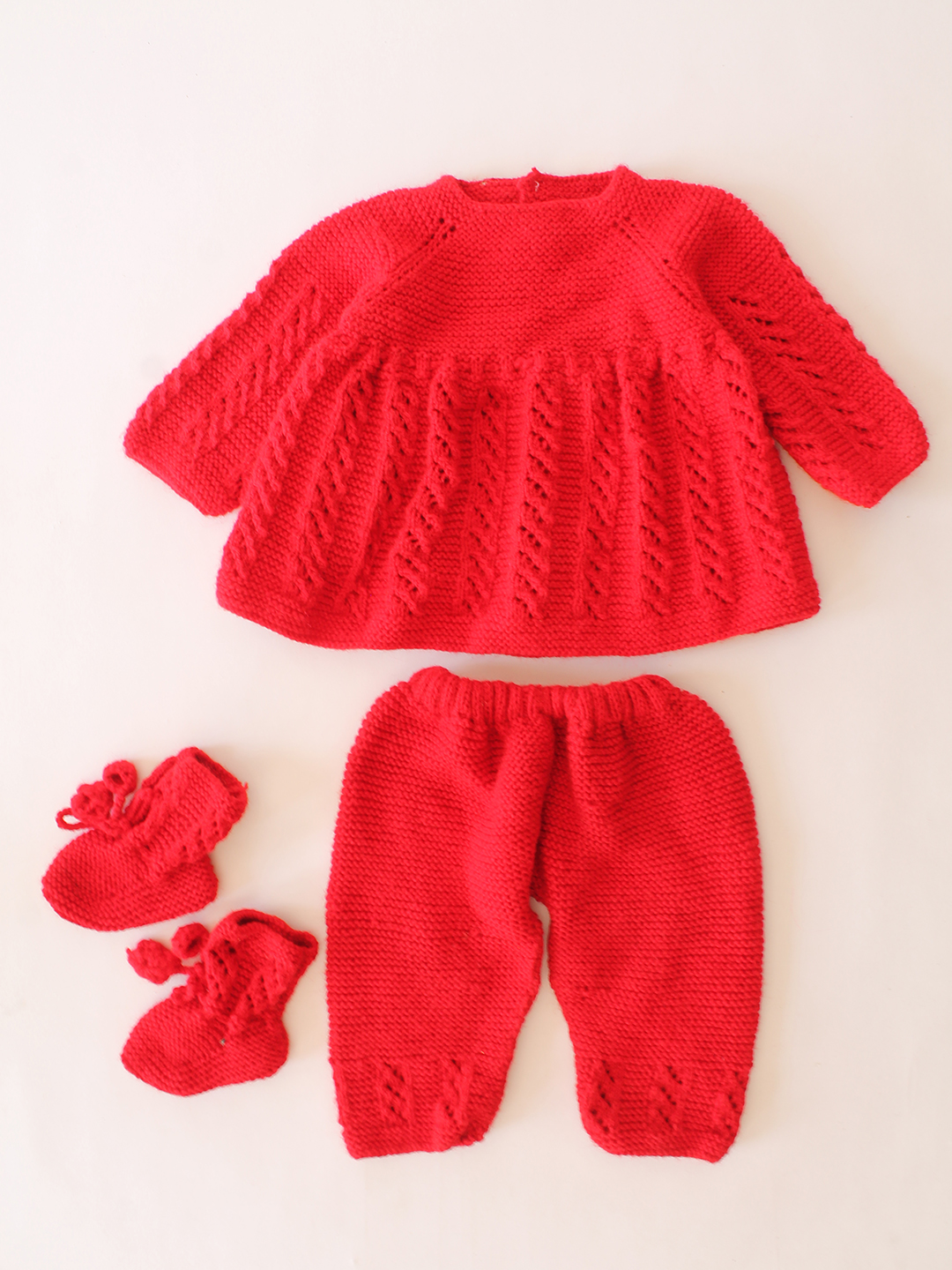 Woonie Handknitted Self Design Sweater Set with matching Socks - Red