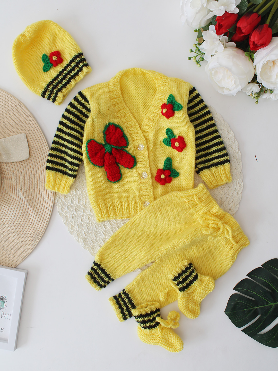 Woonie Handknitted Self Bow Applique Sweater Set with matching Cap - Yellow