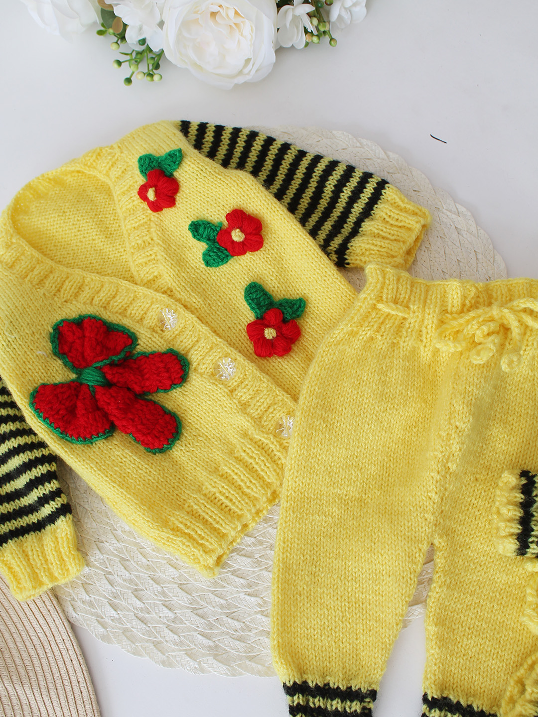 Woonie Handknitted Self Bow Applique Sweater Set with matching Cap - Yellow