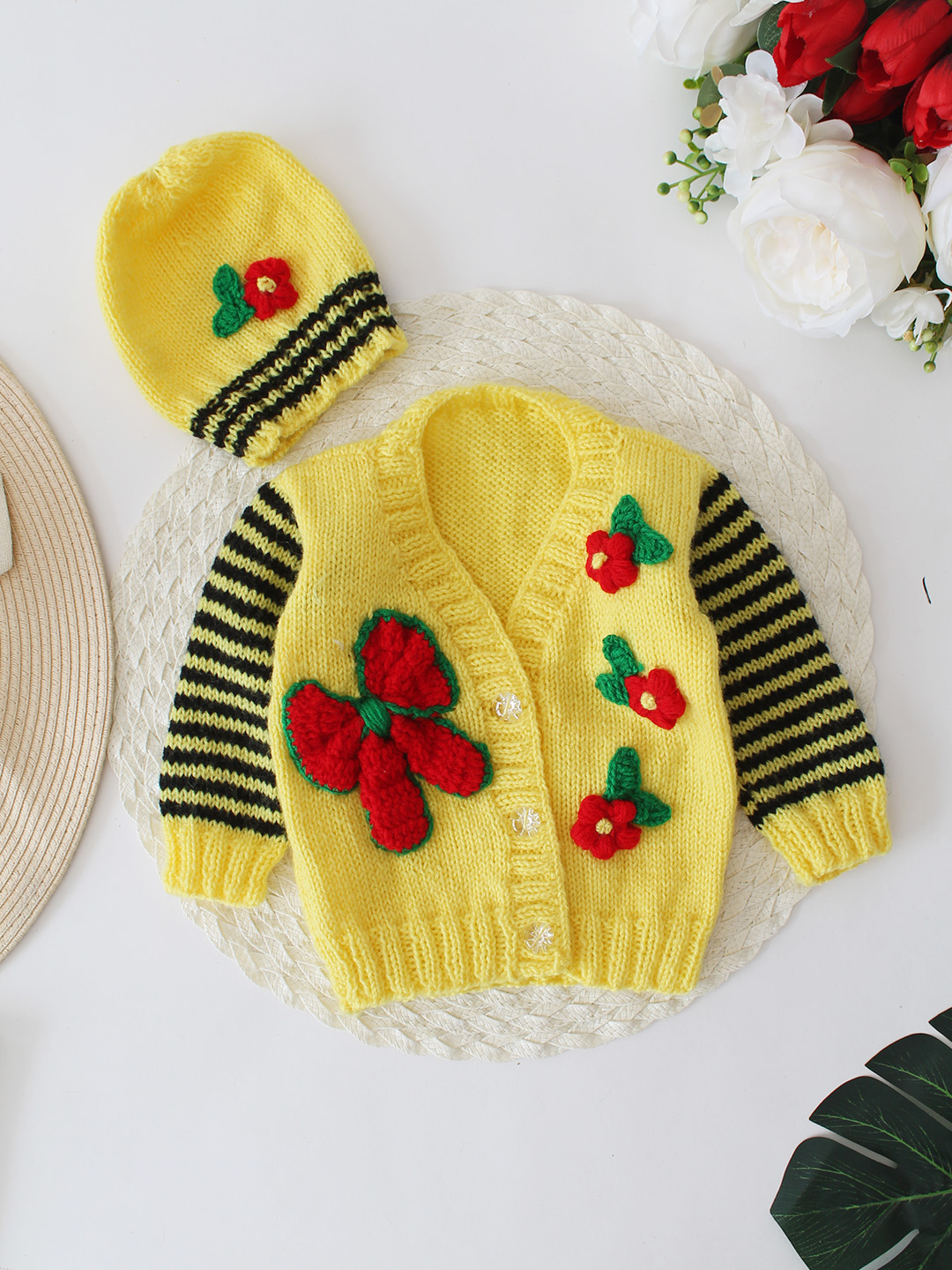 Woonie Handknitted Self Bow Applique Sweater Set with matching Cap - Yellow