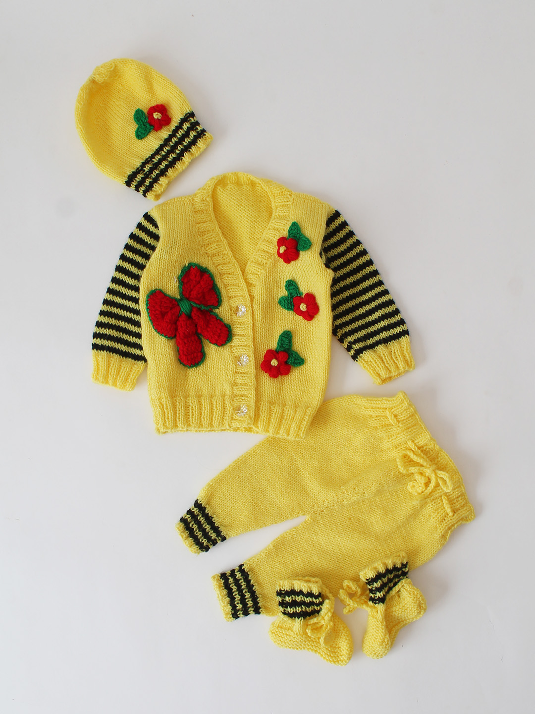 Woonie Handknitted Self Bow Applique Sweater Set with matching Cap - Yellow