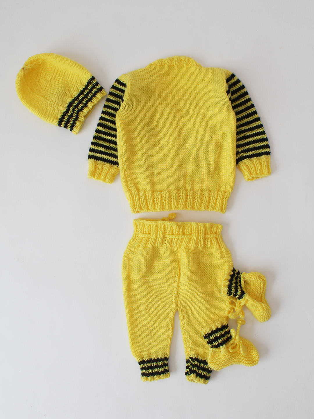 Woonie Handknitted Self Bow Applique Sweater Set with matching Cap - Yellow