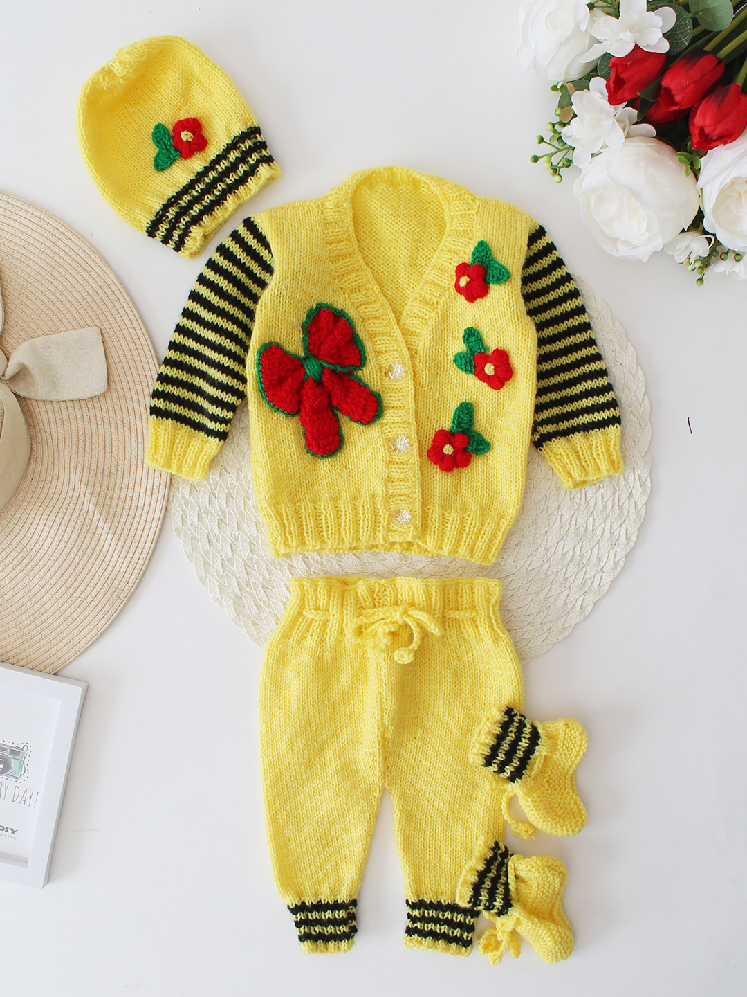 Woonie Handknitted Self Bow Applique Sweater Set with matching Cap - Yellow