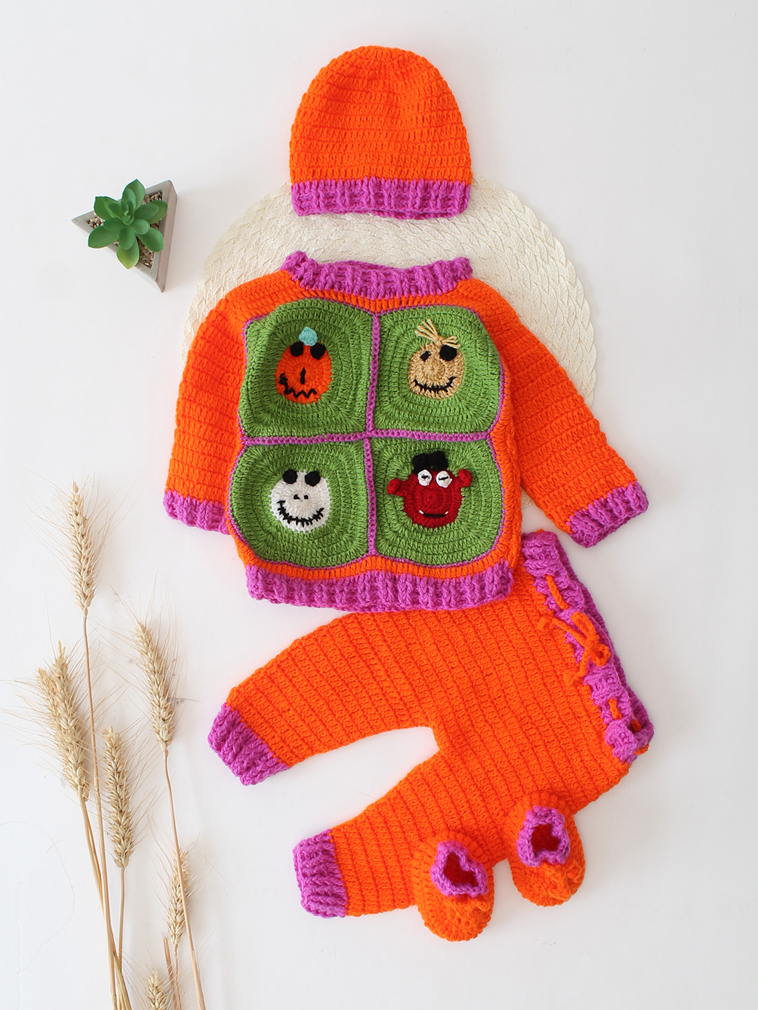 Woonie Handknitted Granny Square Detailed Sweater Set with matching Cap and Socks - Orange