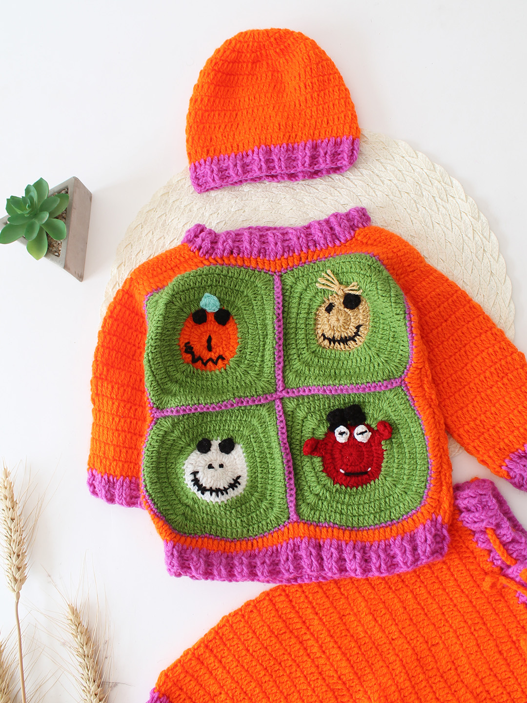 Woonie Handknitted Granny Square Detailed Sweater Set with matching Cap and Socks - Orange