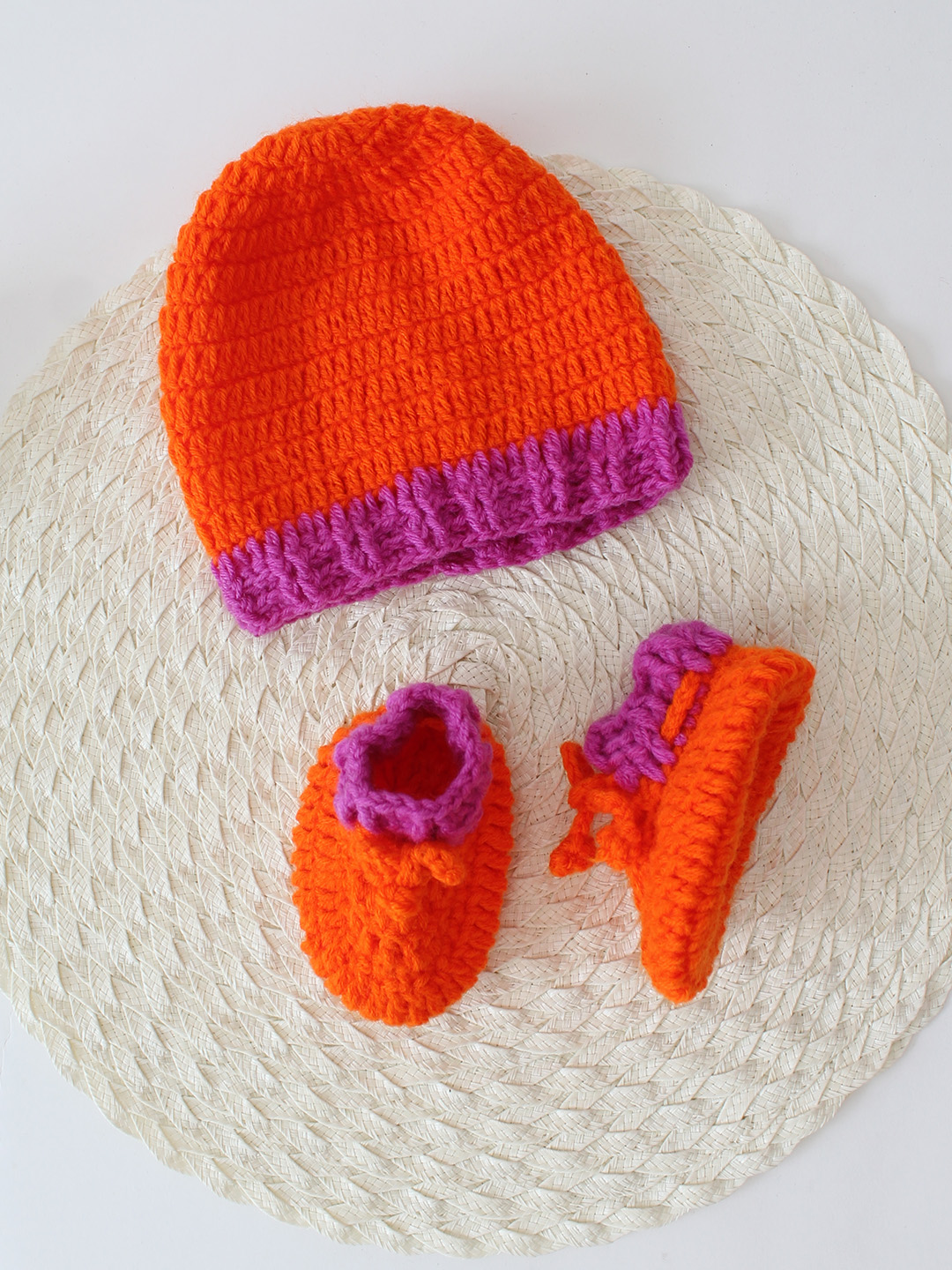 Woonie Handknitted Granny Square Detailed Sweater Set with matching Cap and Socks - Orange