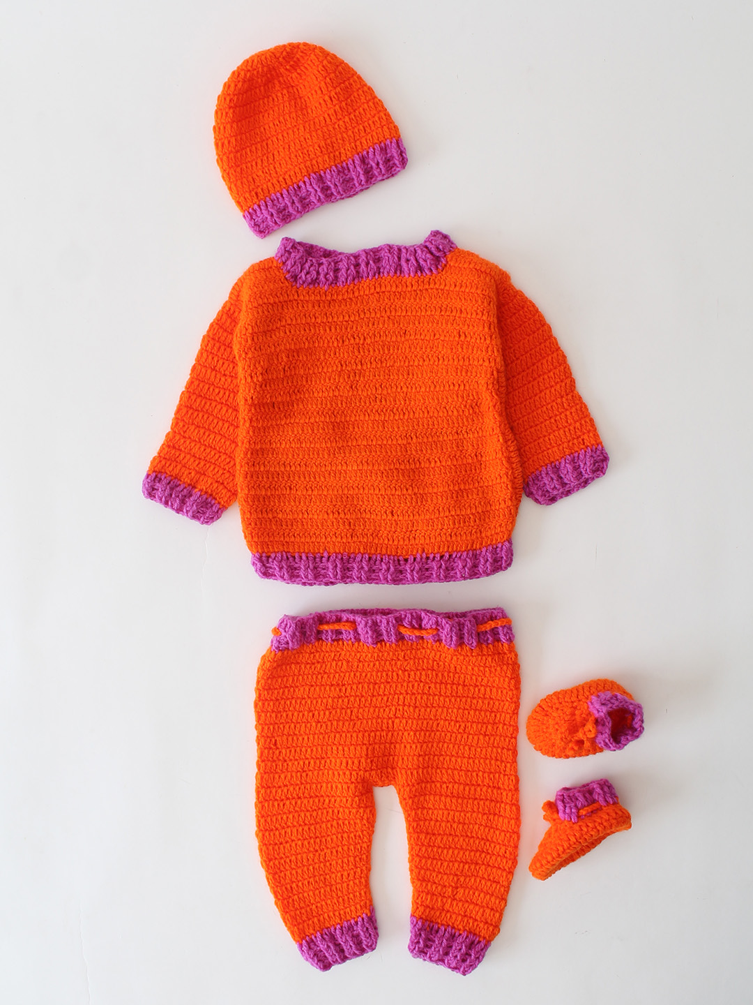 Woonie Handknitted Granny Square Detailed Sweater Set with matching Cap and Socks - Orange