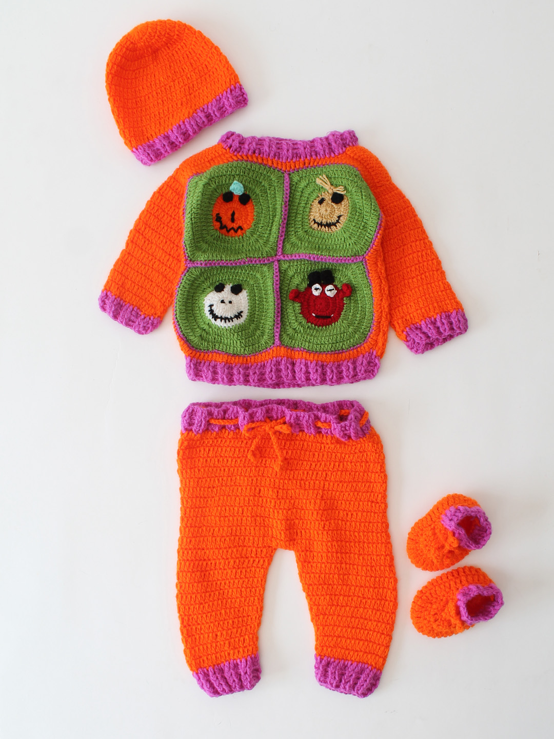 Woonie Handknitted Granny Square Detailed Sweater Set with matching Cap and Socks - Orange
