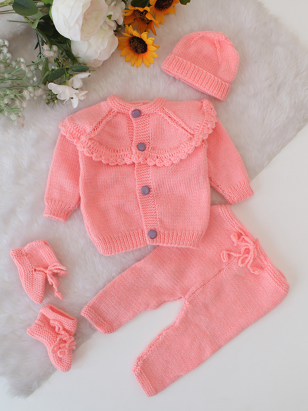 Woonie Self Designed Sweater Pant Cap & Socks Set - Peach