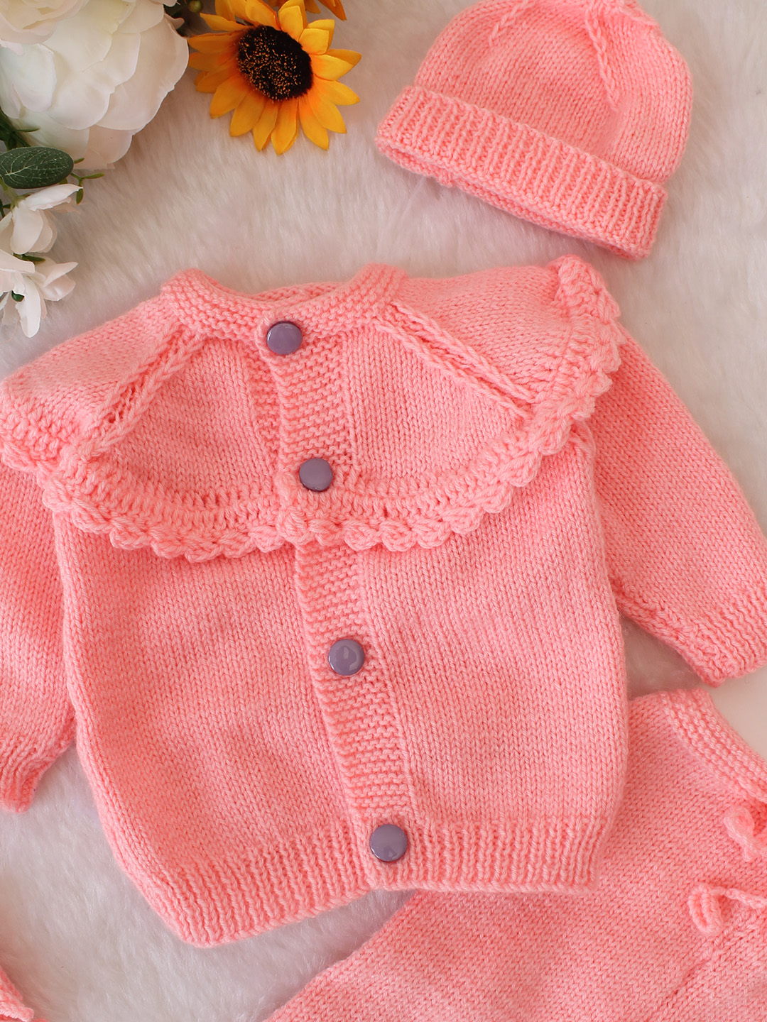 Woonie Self Designed Sweater Pant Cap & Socks Set - Peach