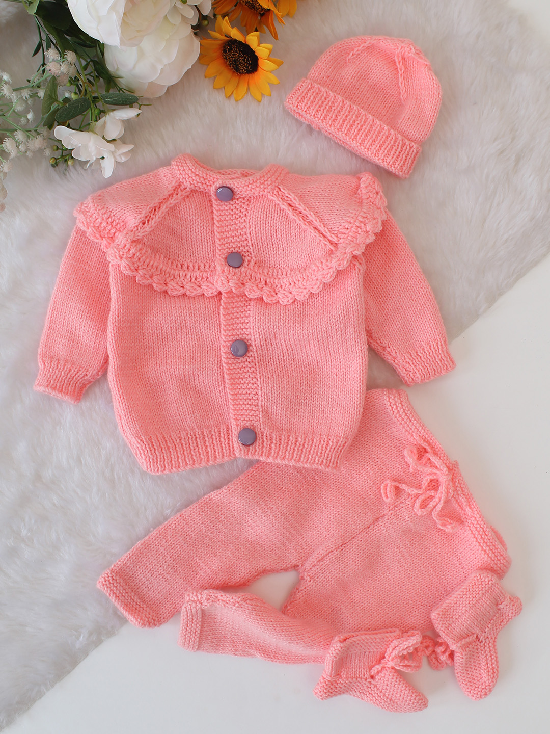 Woonie Self Designed Sweater Pant Cap & Socks Set - Peach