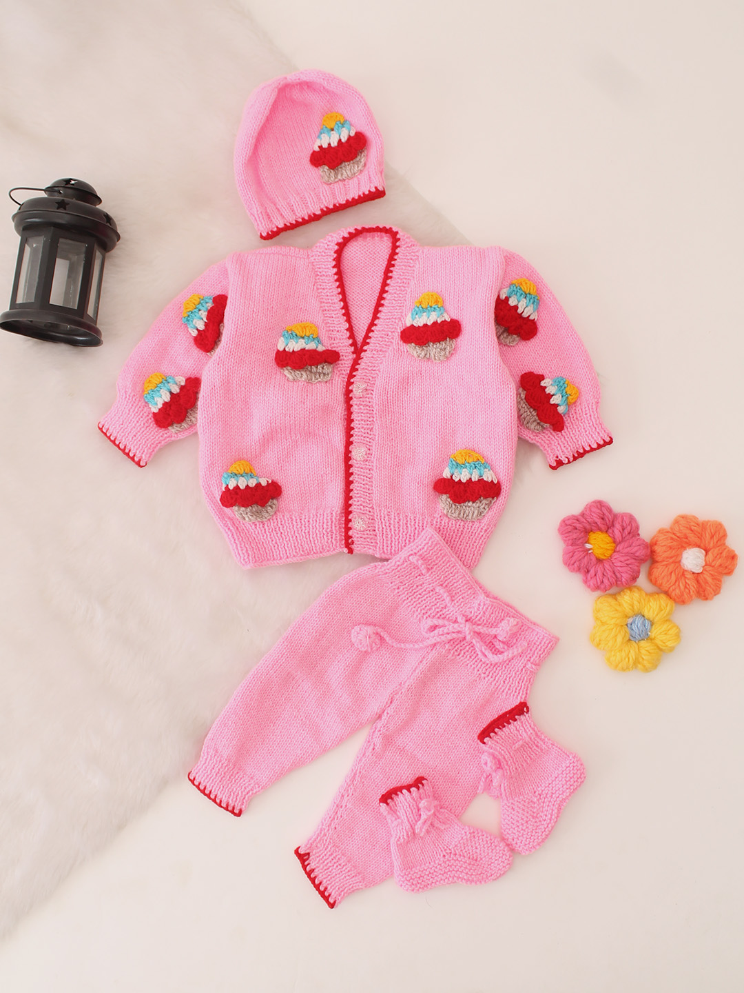 Woonie Cup Cake Designed Sweater Set - Pink