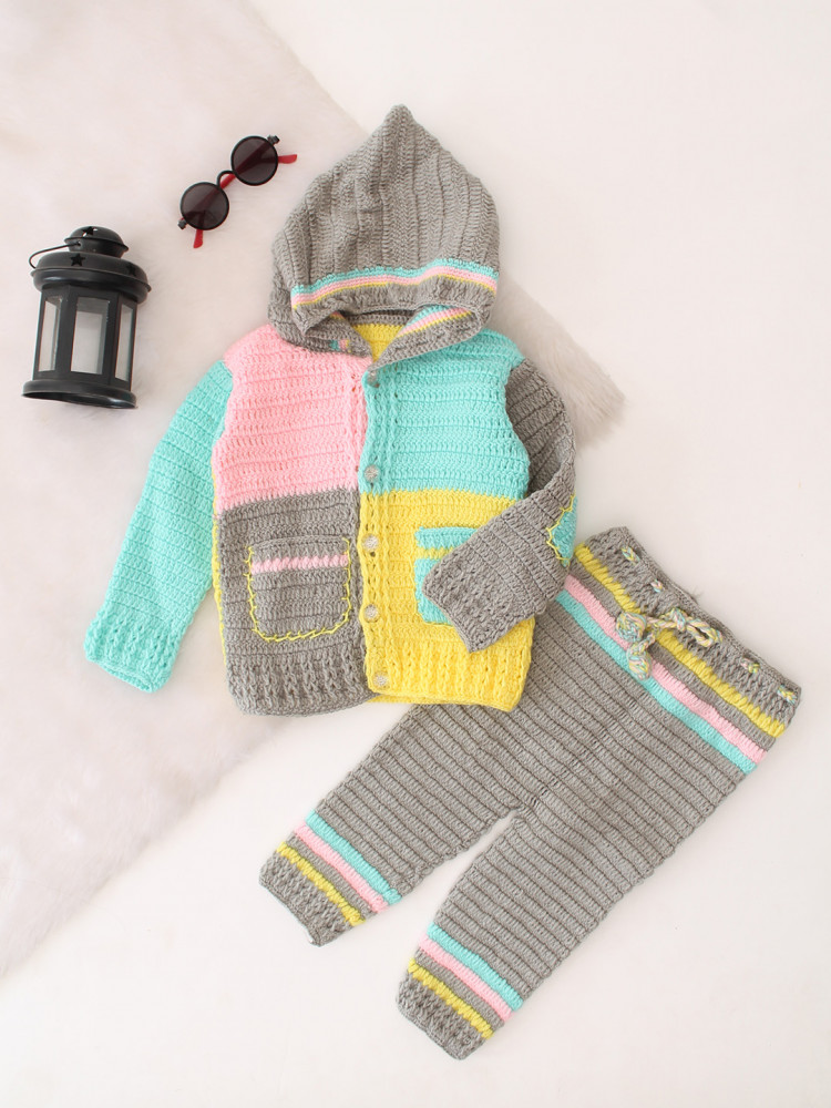 Image of Woonie Pocket Detailing Hooded  Sweater With Matching Pant Set - Multicolor