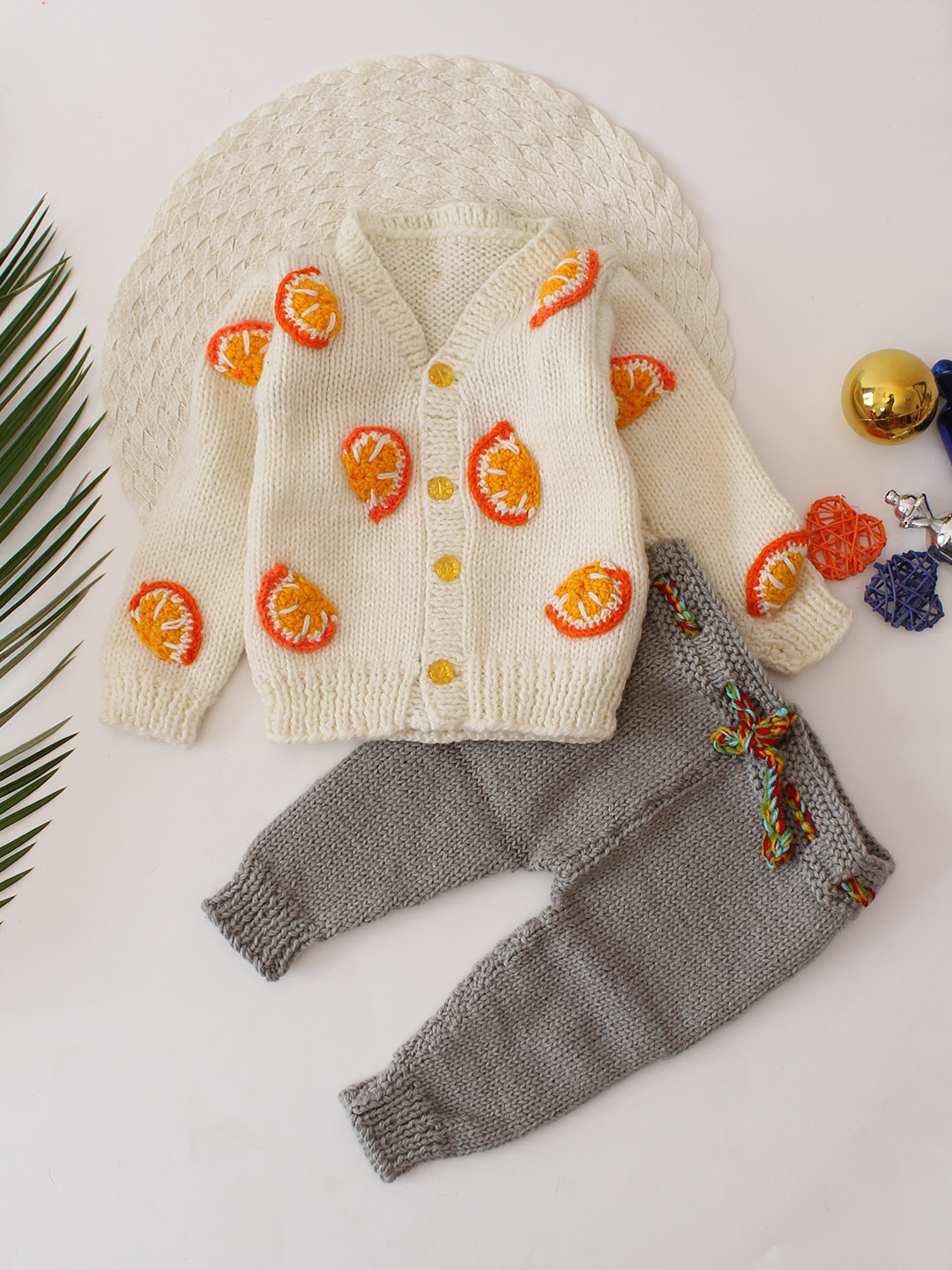 Woonie Slice Design Sweater with Grey Pant Set - Cream