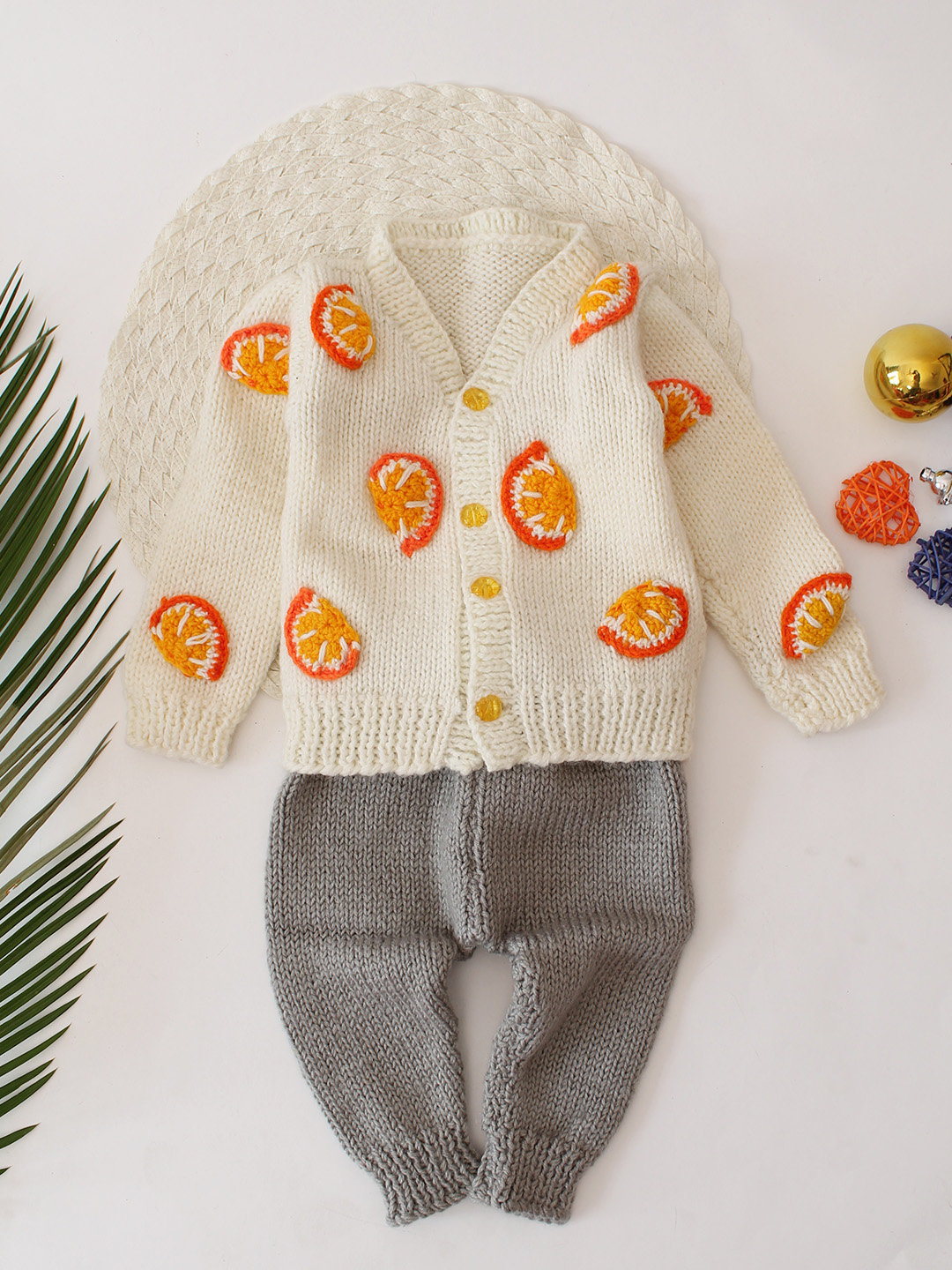 Woonie Slice Design Sweater with Grey Pant Set - Cream