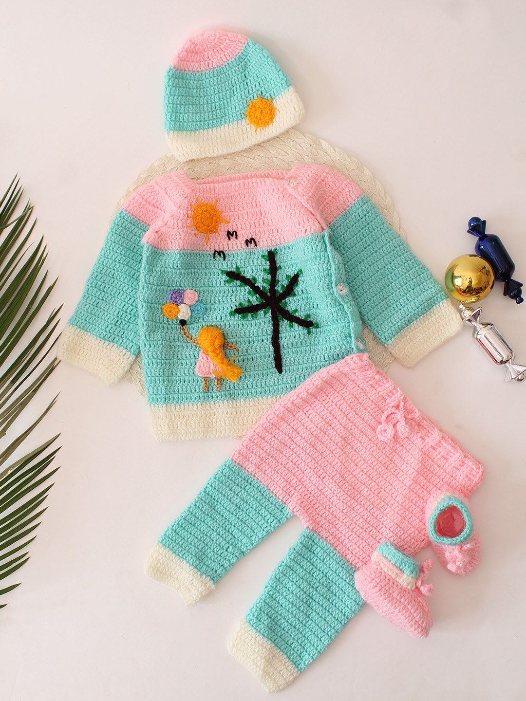 Woonie Girl & Tree Designed Handmade Sweater Set - Pink