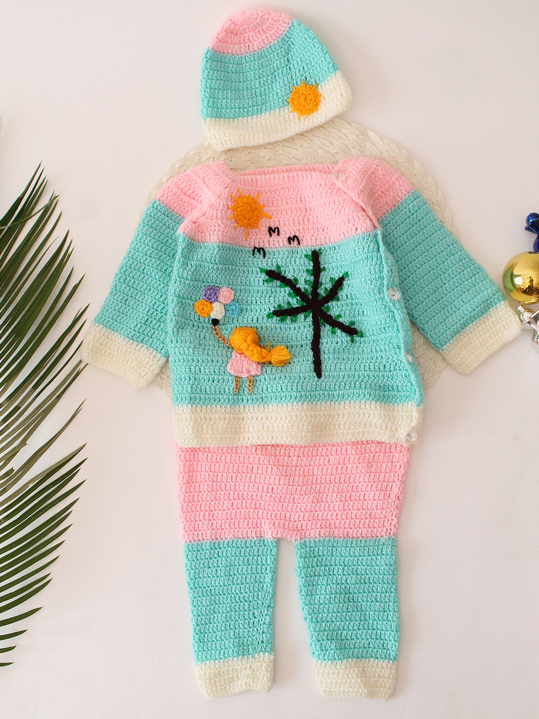 Woonie Girl & Tree Designed Handmade Sweater Set - Pink