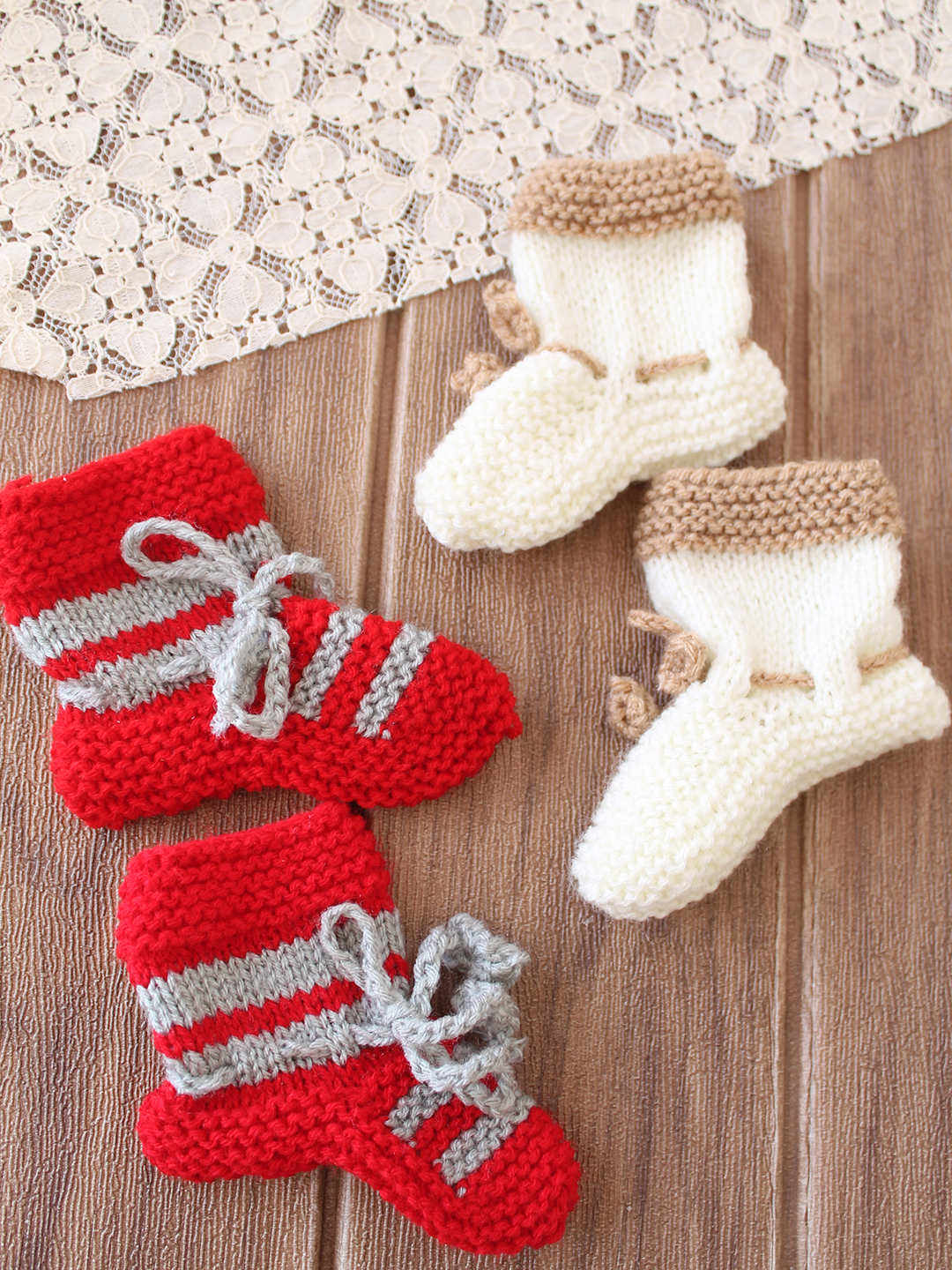 Woonie Handknitted Socks with Striped & Self Design Pack of 2 - Cream & Red