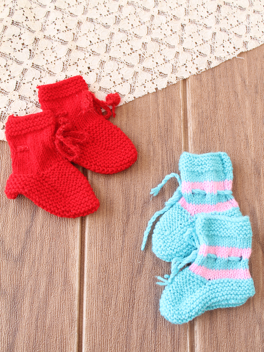 Woonie Handknitted Socks with Striped & Self Design Pack of 2 - Red & Light Blue