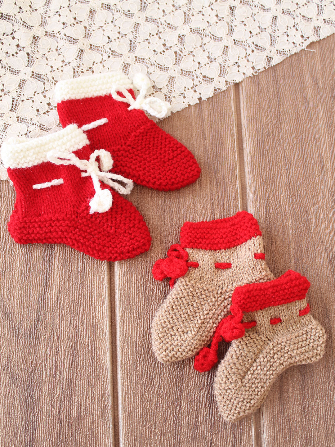 Woonie Handknitted Socks Self Design Pack of 2 - Red & Beige