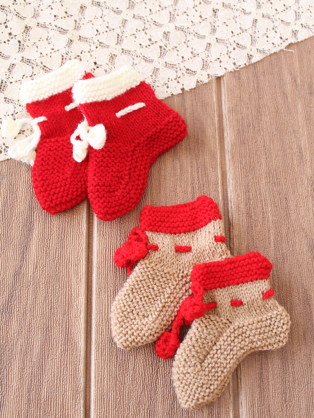 Woonie Handknitted Socks Self Design Pack of 2  Red  Beige