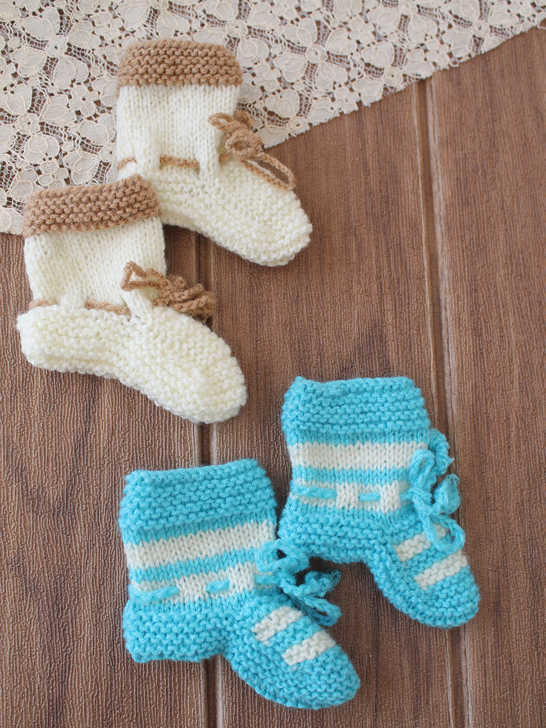Woonie Handknitted Socks with Striped & Self Design Pack of 2 - Cream & Light Blue